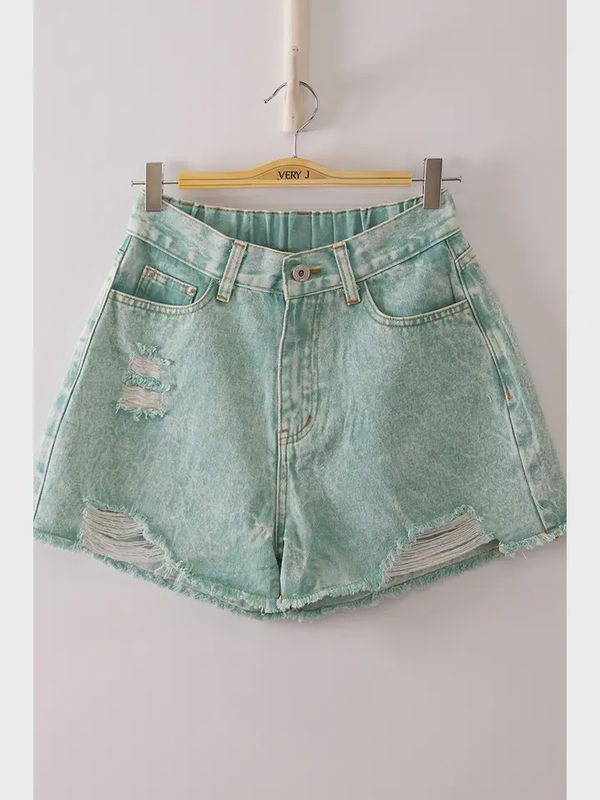 VJP90066 WOMEN'S VERY J GREEN MINERAL WASHED DENIM DISTRESSED SHORTS