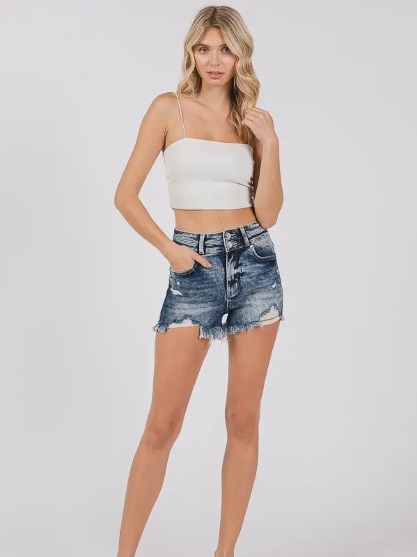 P1350R-LA WOMEN'S PETRA HIGH RISE STRECH DESTROY SHORTS W/ FRAYED HEM