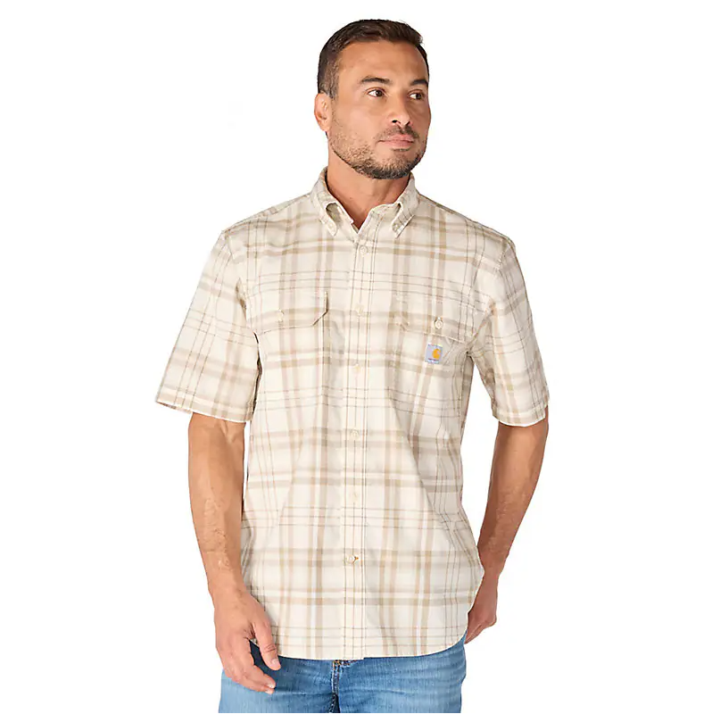 107273-W39 MEN'S CARHARTT FORCE LOOSE SHORT-SLEEVE BUTTON DOWN PLAID SHIRT - EGGSHELL 107273-W39 MEN'S CARHARTT FORCE LOOSE SHORT-SLEEVE BUTTON DOWN PLAID SHIRT - EGGSHELL
