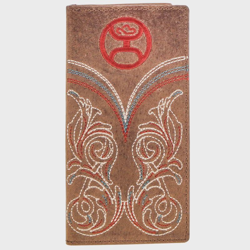 HW016-BR HOOEY RANGER RODEO WALLET WITH HOOEY LOGO &amp; BOOT STITCH FILIGREE WITH IVORY, BROWN, &amp; RED ACCENTS