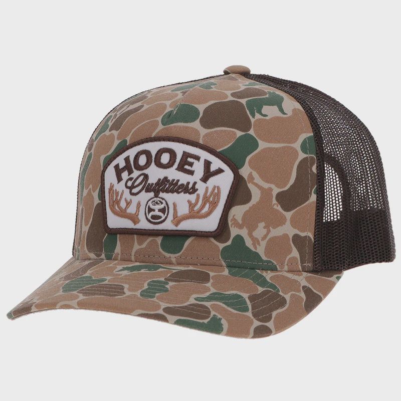 6026T-CABR HOOEY OUTFITTERS CAMO &amp; BROWN 5-PANEL TRUCKER CAP WITH PATCH