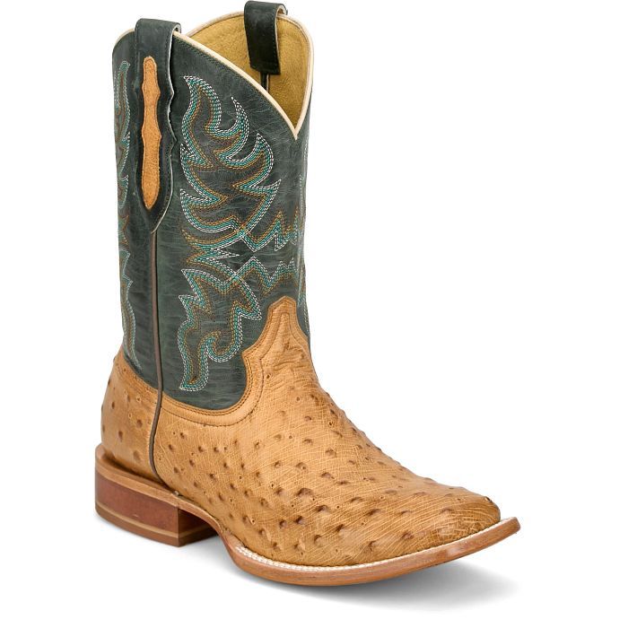 RN3571 MEN'S TONY LAMA REQUILL "BLAINE UMBER" 11" FOREST GREEN SHAFT &amp; UMBER OSTRICH WIDE SQUARE-TOE WESTERN BOOT