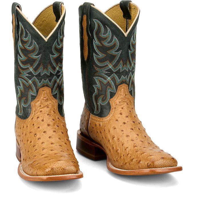 RN3571 MEN'S TONY LAMA REQUILL "BLAINE UMBER" 11" FOREST GREEN SHAFT &amp; UMBER OSTRICH WIDE SQUARE-TOE WESTERN BOOT