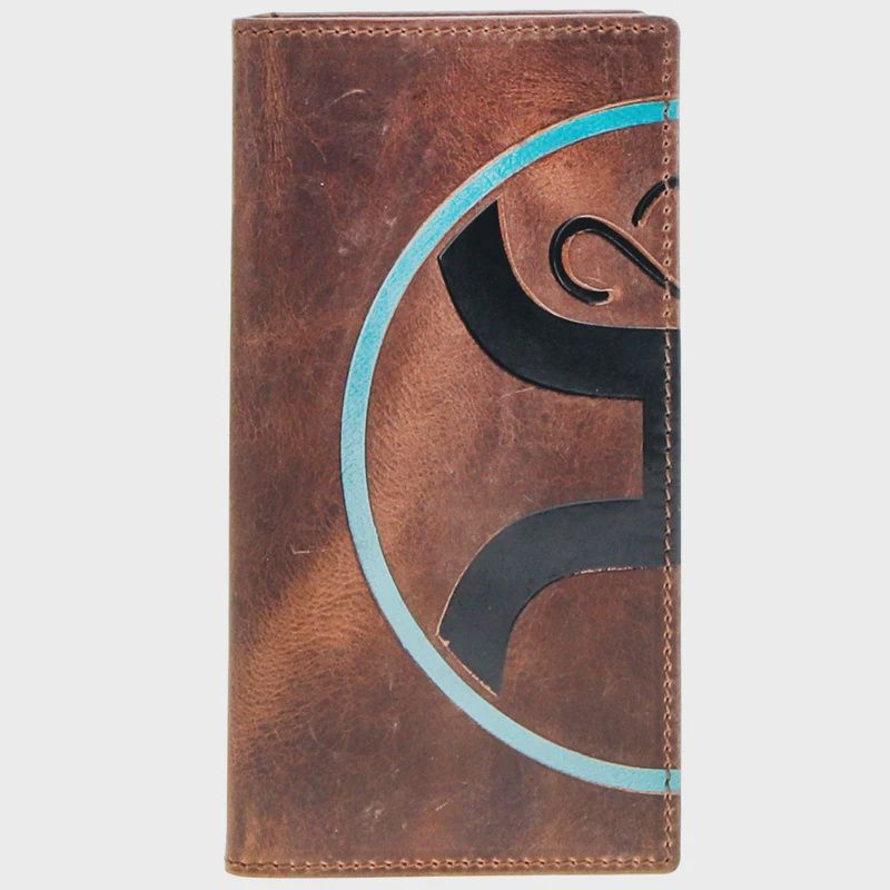 HW029-BRBK HOOEY 2.0 BROWN EMBOSSED LEATHER RODEO WALLET WITH BLACK &amp; TURQUOISE LOGO