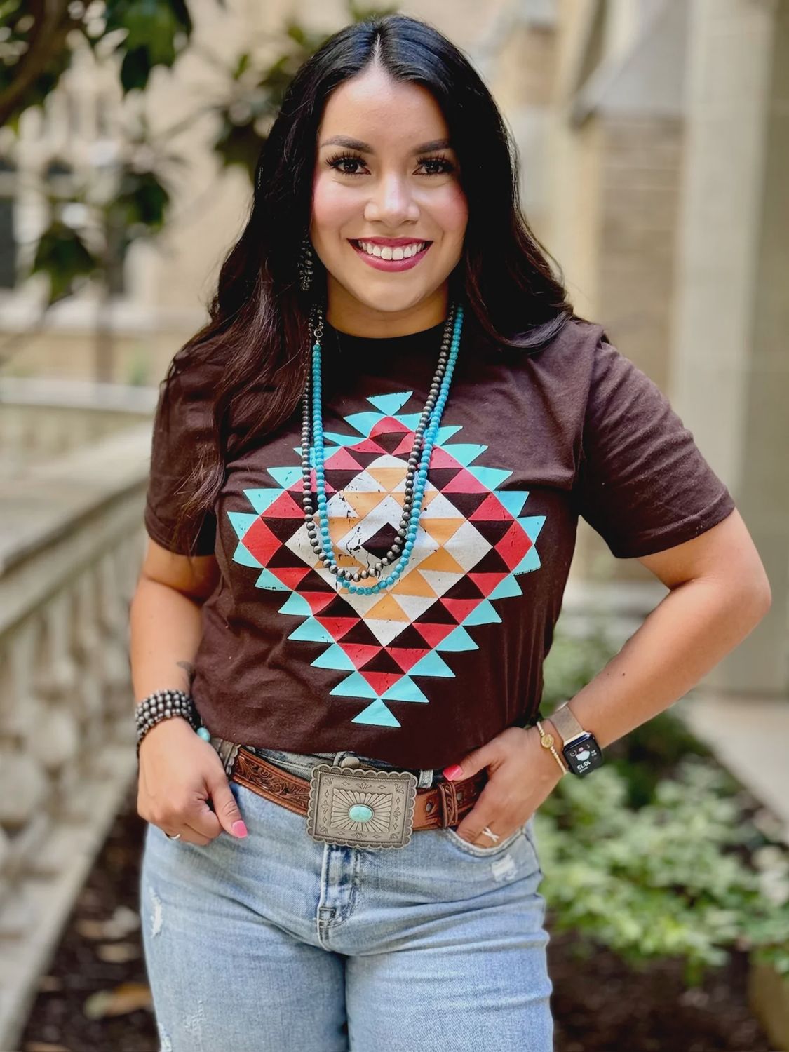 3413 WOMEN'S TEXAS TRUE SHORT-SLEEVE RYANNE'S ESPRESSO AZTEC TEE