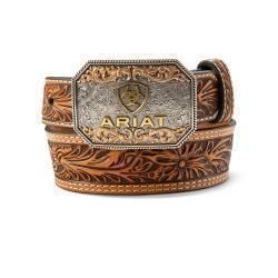 A1309108 YOUTH ARIAT EMBOSSED LEATHER BELT W/ ARIAT LOGO BELT BUCKLE