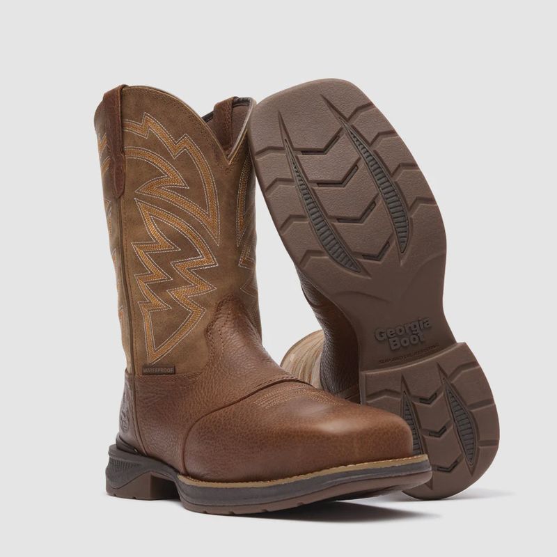 GB00753 MEN'S GEORGIA 11" BROWN SPR LEATHER AERO LT WATERPROOF CARBON SAFETY SQUARE TOE WESTERN PULL-ON WORK BOOT