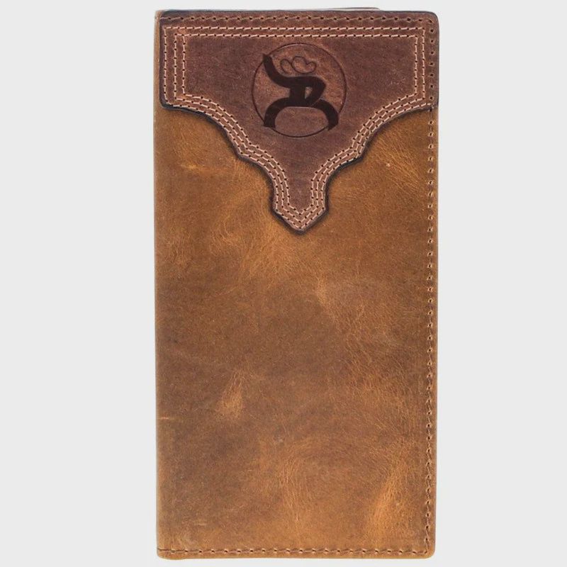 RW008-TNBR HOOEY "CANYON" TAN DISTRESSED LEATHER RODEO WALLET W/ BROWN BISON LEATHER TRIPLE STITCHED OVERLAY W/ HEAT BRANDED ROUGHY EMBOSSED 2.0 LOGO