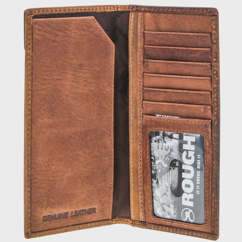RW008-TNBR HOOEY "CANYON" TAN DISTRESSED LEATHER RODEO WALLET W/ BROWN BISON LEATHER TRIPLE STITCHED OVERLAY W/ HEAT BRANDED ROUGHY EMBOSSED 2.0 LOGO