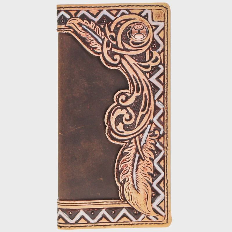 HW030-BRTN HOOEY "WAR PAINT" HAND TOOLED AZTEC FEATHER FILIGREE &amp; HAND PAINTED LEATHER RODEO WALLET