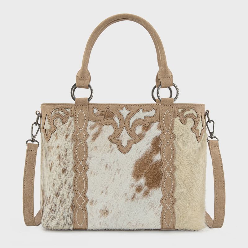 TR198G-8899 TRINITY RANCH GENUINE HAIR-ON COWHIDE COLLECTION CONCEALED CARRY TOTE - TAN