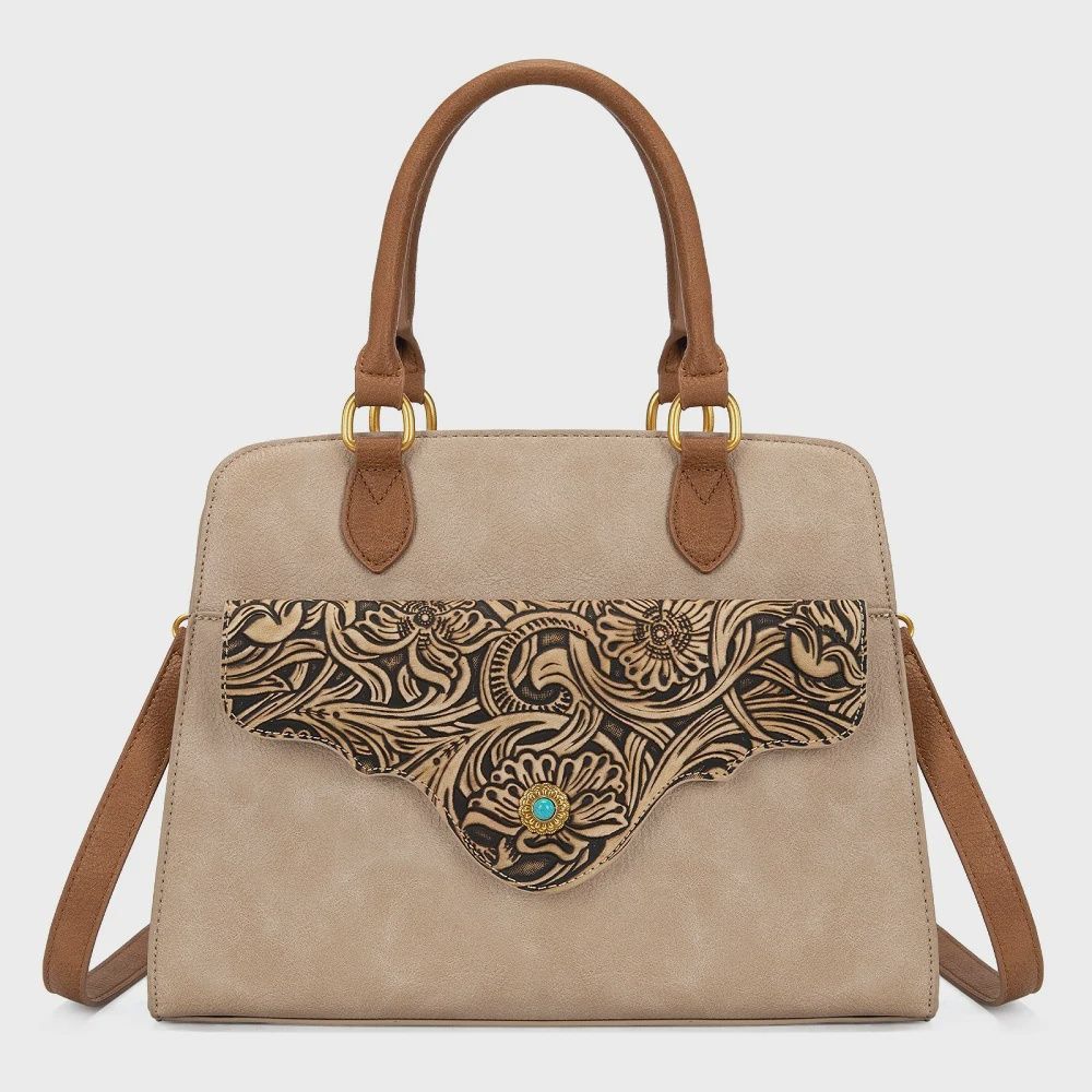 MW1362G-8250TN MONTANA WEST WESTERN TOOLED FLORAL CONCEALED CARRY SATCHEL BAG / CROSSBODY - TAN