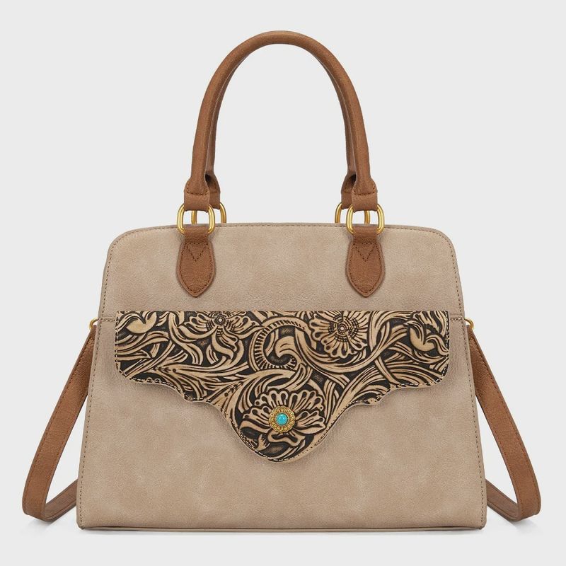 MW1362G-8250TN MONTANA WEST WESTERN TOOLED FLORAL CONCEALED CARRY SATCHEL BAG / CROSSBODY - TAN