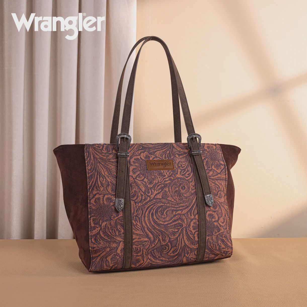 WG277-2002CF WRANGLER VINTAGE FLORAL PRINTED LARGE TOTE BAG - COFFEE