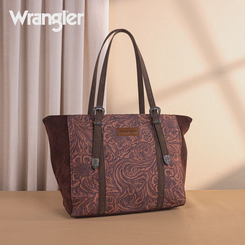 WG277-2002CF WRANGLER VINTAGE FLORAL PRINTED LARGE TOTE BAG - COFFEE
