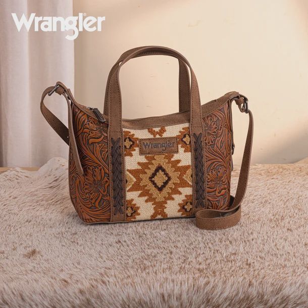 WG226-8605 WRANGLER TOOLED AZTEC PATTERN PRINT TOTE/CROSSBODY - BROWN