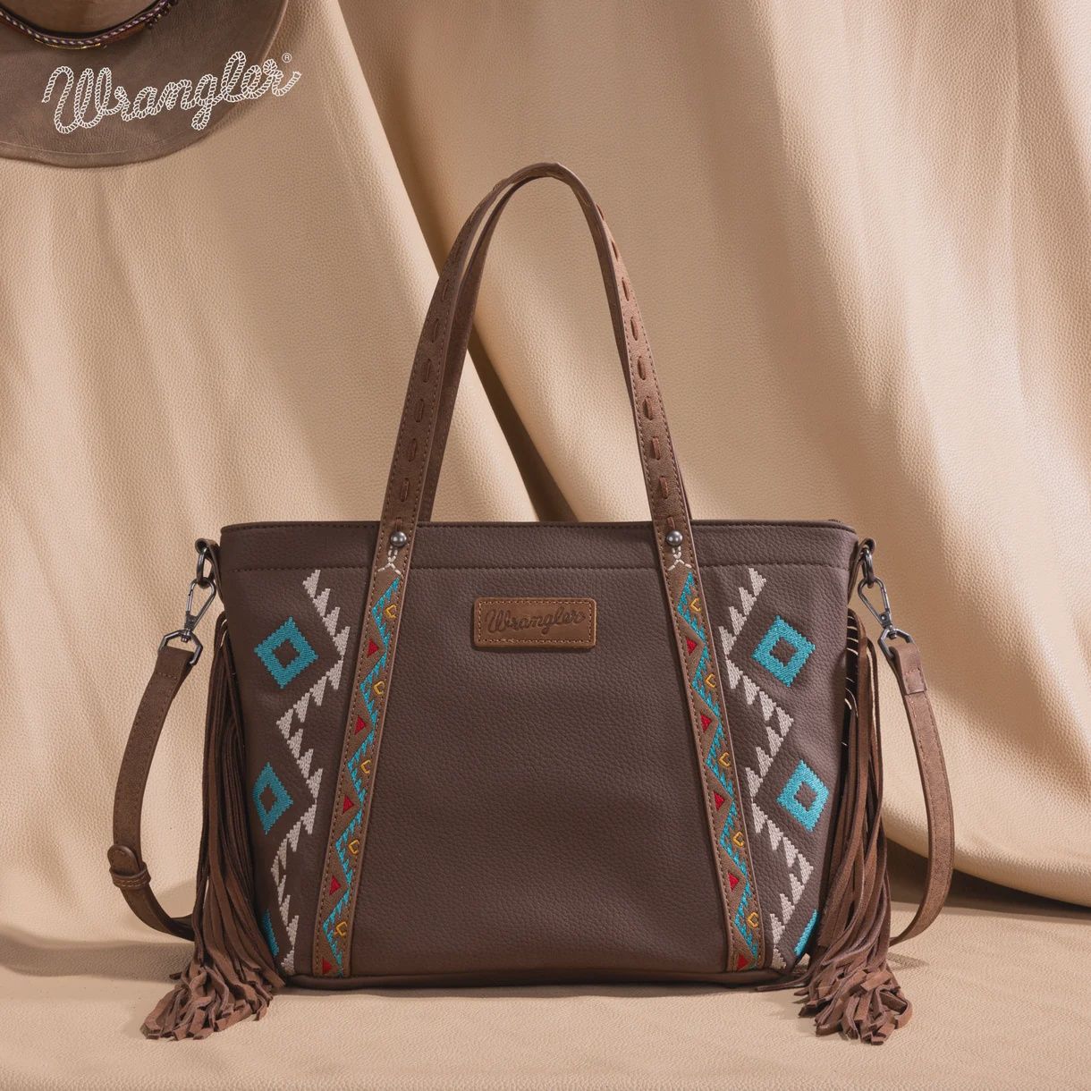 WG233-2009 WRANGLER AZTEC EMBROIDERED TOTE/CROSSBODY BAG - BROWN