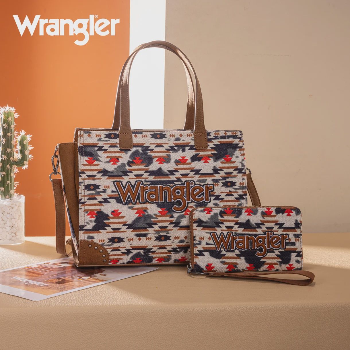 WG302-8130WBR WRANGLER AZTEC PRINT TOTE / CROSSBODY &amp; WALLET SET