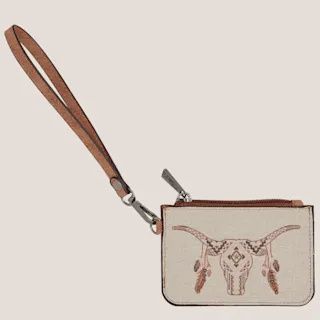 2611696252 CATCHFLY MINI CARD CANVAS COW SKULL W/ FEATHERS WALLET