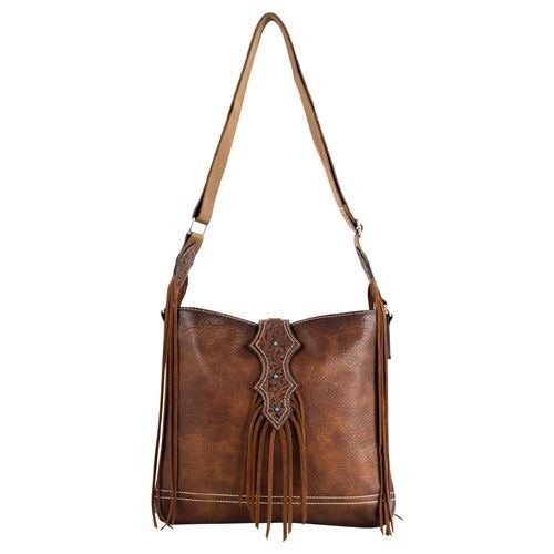 2610140491 LADIES JUSTIN COGNAC W/ BILLET STRAP &amp; LEATHER FRINGE CROSSBODY