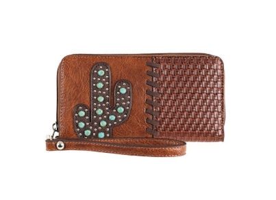 2610292151 LADIES CATCHFLY BROWN STUDDED CACTUS W/ TURQUOISE COLORED STONES WRISTLET WALLET