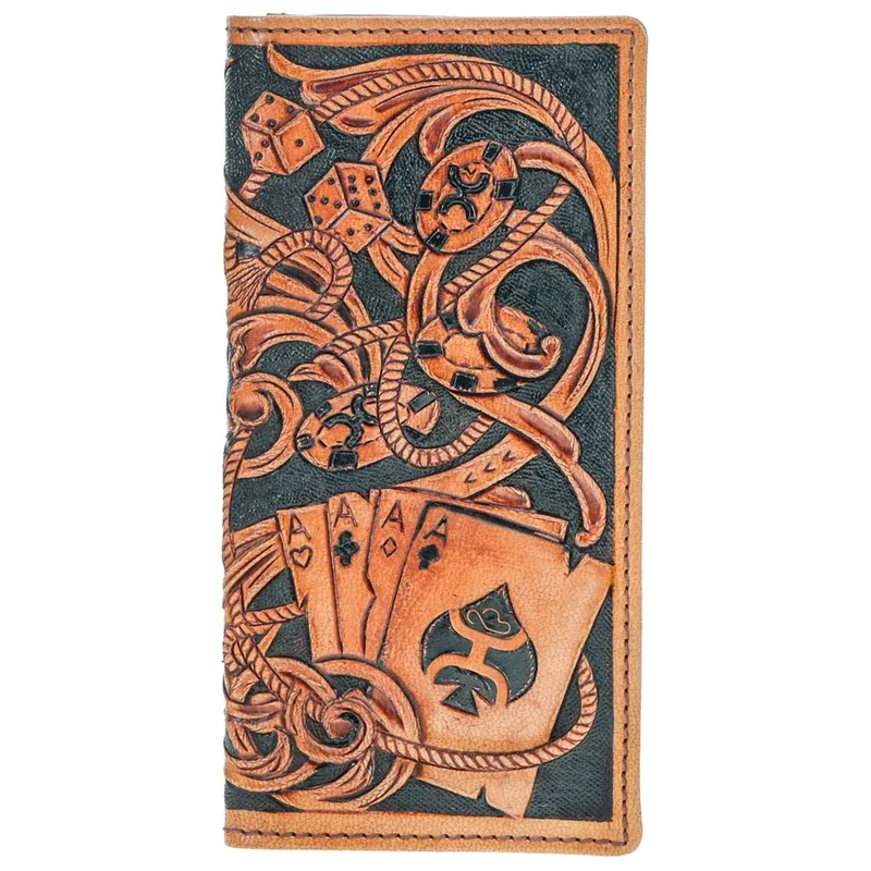 HW038-TNBR HOOEY "GAMBLER" TAN PLAYING CARD EMBOSSED RODEO WALLET