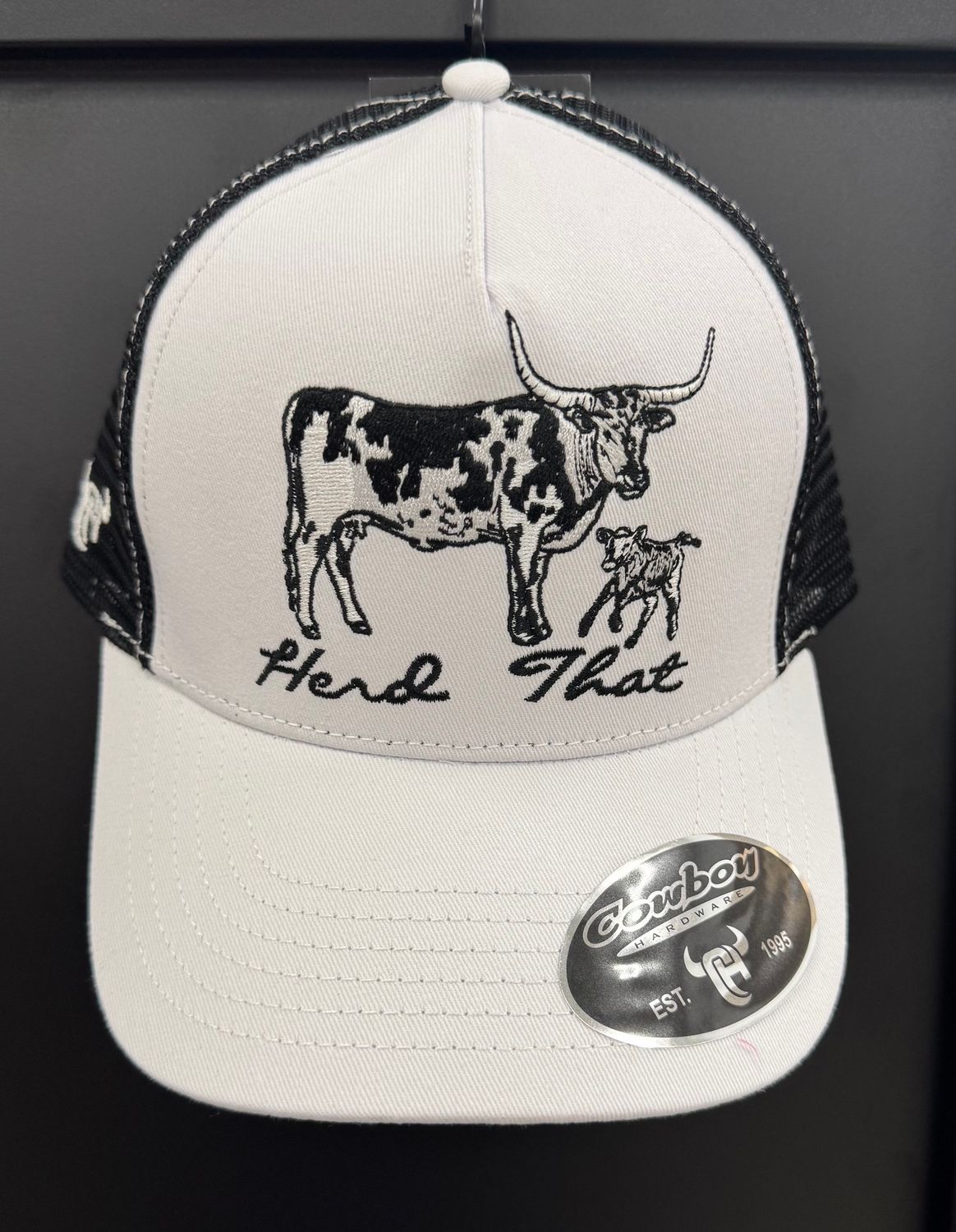 201616-020-Q COWBOY HARDWARE "HERD THAT" 5 PANEL MESH BACK WHITE HAT