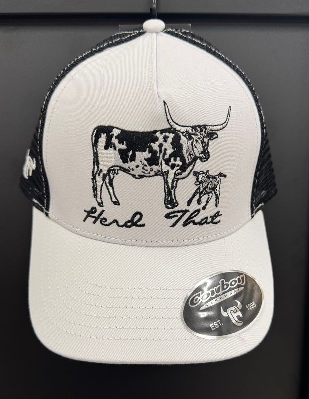 201616-020-Q COWBOY HARDWARE "HERD THAT" 5 PANEL MESH BACK WHITE HAT