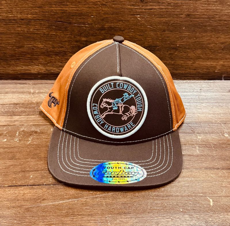 701616-661-Q YOUTH COWBOY HARDWARE DARK BROWN "BUILT COWBOY TOUGH" 5 PANEL HAT