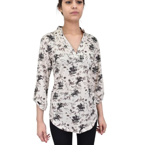 255486-073-W WOMEN'S COWGIRL HARDWARE DESERT COWPOKE HI-LOW TAN 3/4 SLEEVE TOP