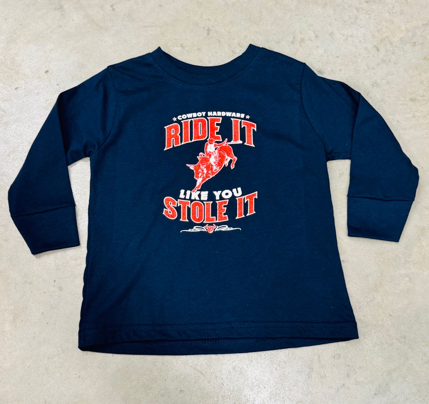 710442-484-T TODDLER COWBOY HARDWARE HEATHER NAVY BLUE "RIDE IT LIKE YOU STOLE IT" LONG-SLEEVE TEE