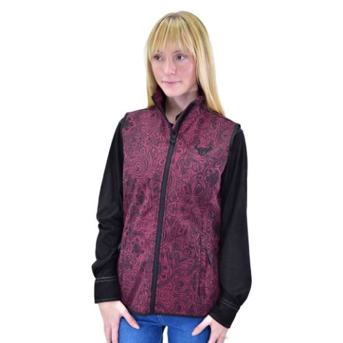 287349-120-W WOMEN'S COWGIRL HARDWARE BURGUNDY TOOLED FLORAL POLYSHELL VEST