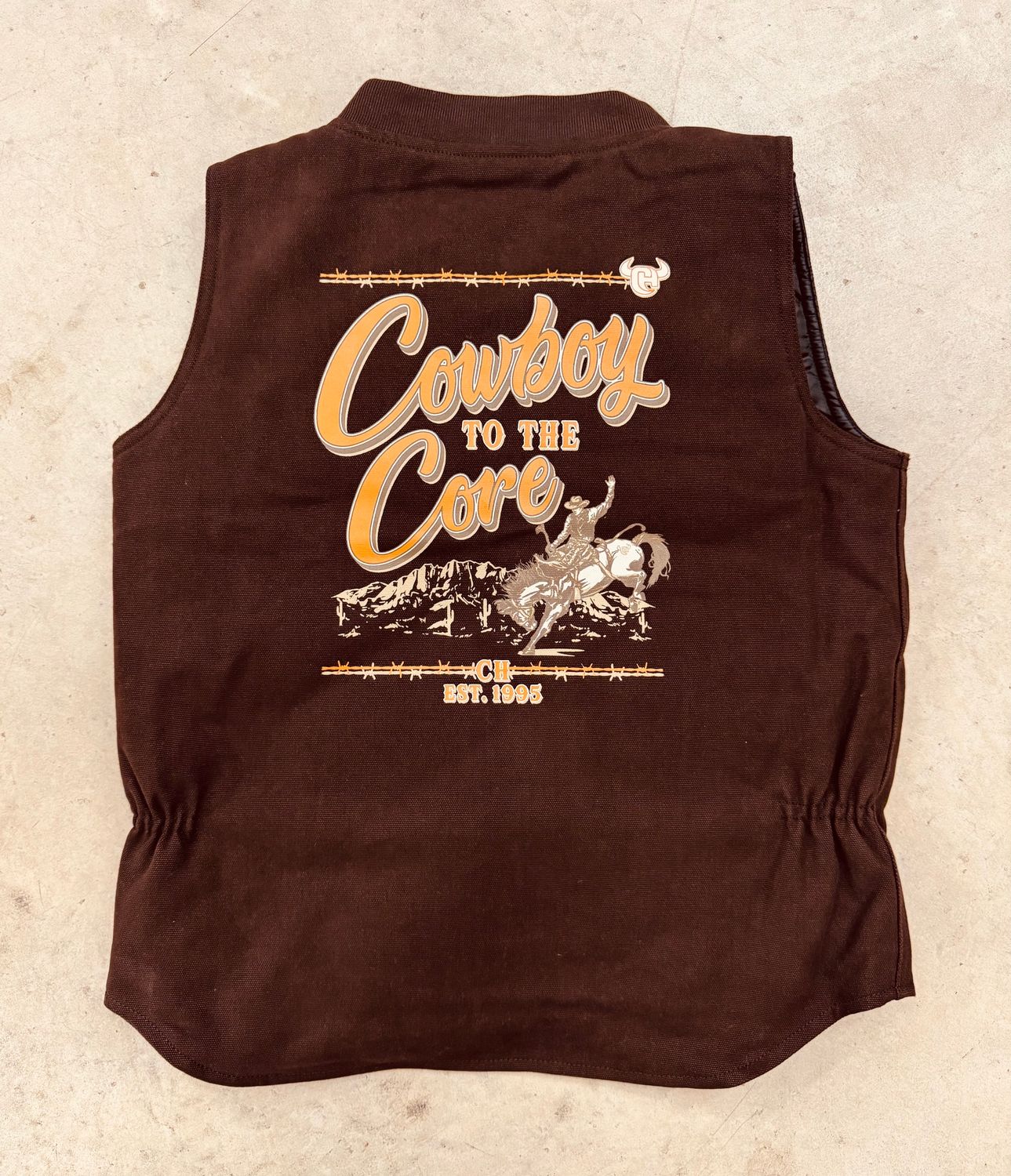 385249-661-K YOUTH COWBOY HARDWARE "COWBOY TO THE CORE" CANVVAS VEST - DARK BROWN
