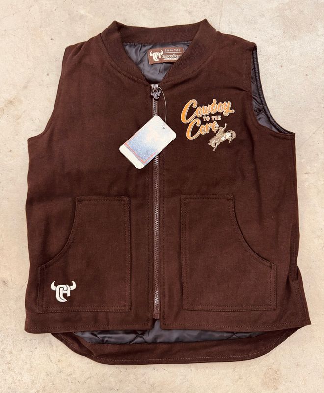 385249-661-K YOUTH COWBOY HARDWARE "COWBOY TO THE CORE" CANVVAS VEST - DARK BROWN