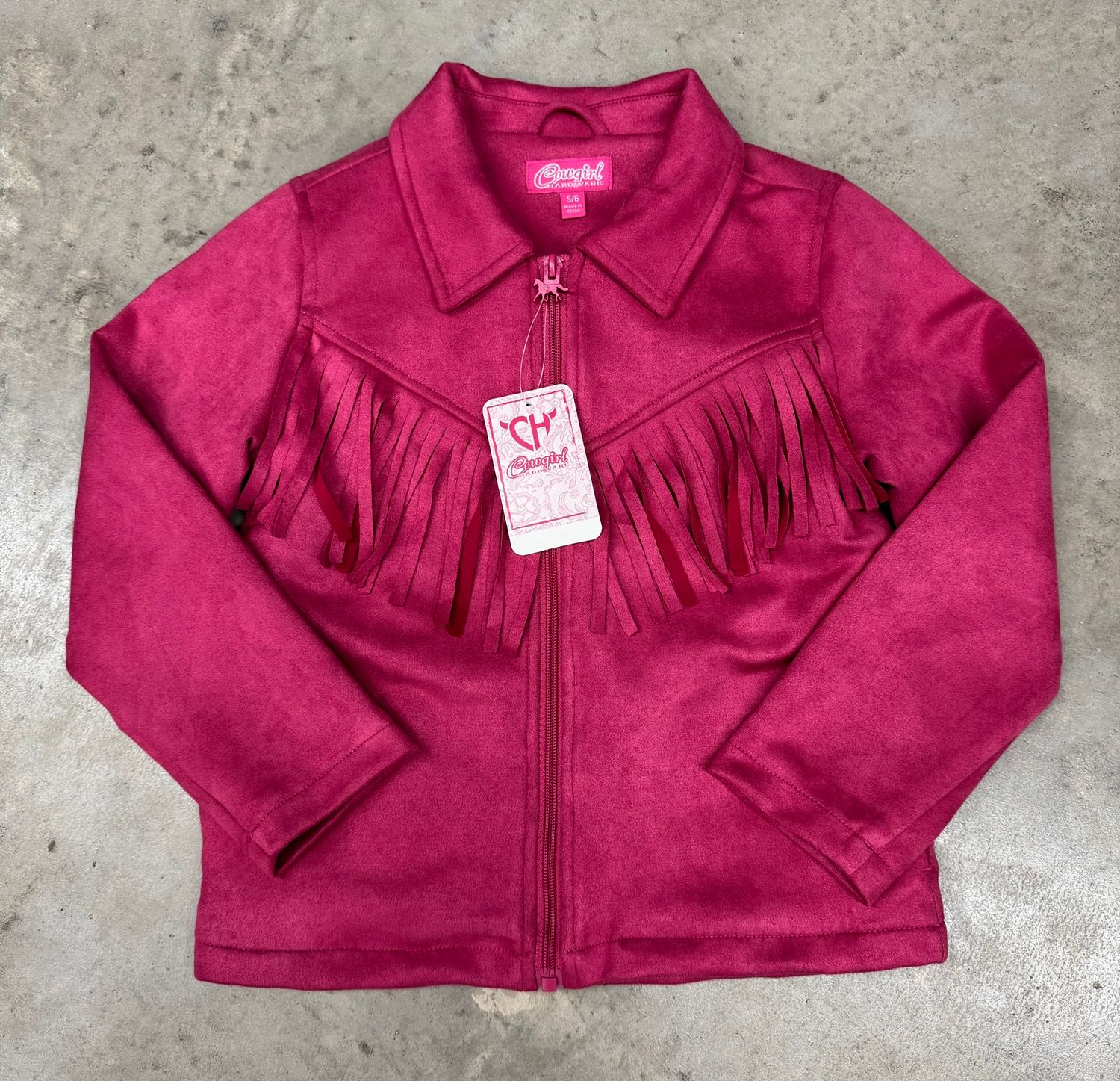 493363-156-K YOUTH COWGIRL HARDWARE DARK PINK FAUX SUEDE FRINGE JACKET