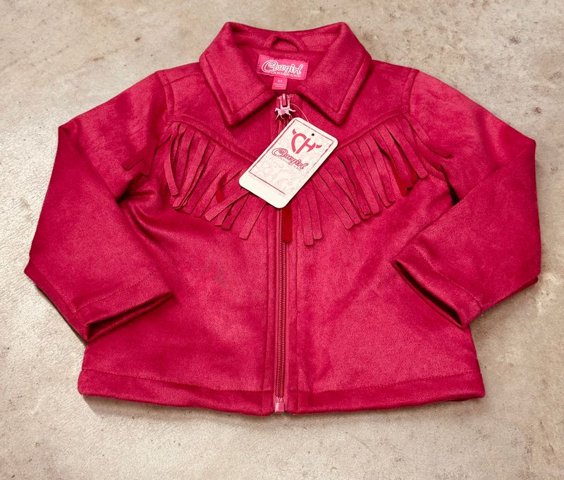 893363-156-T TODDLER COWGIRL HARDWARE DARK PINK FAUX SUEDE FRINGE JACKET