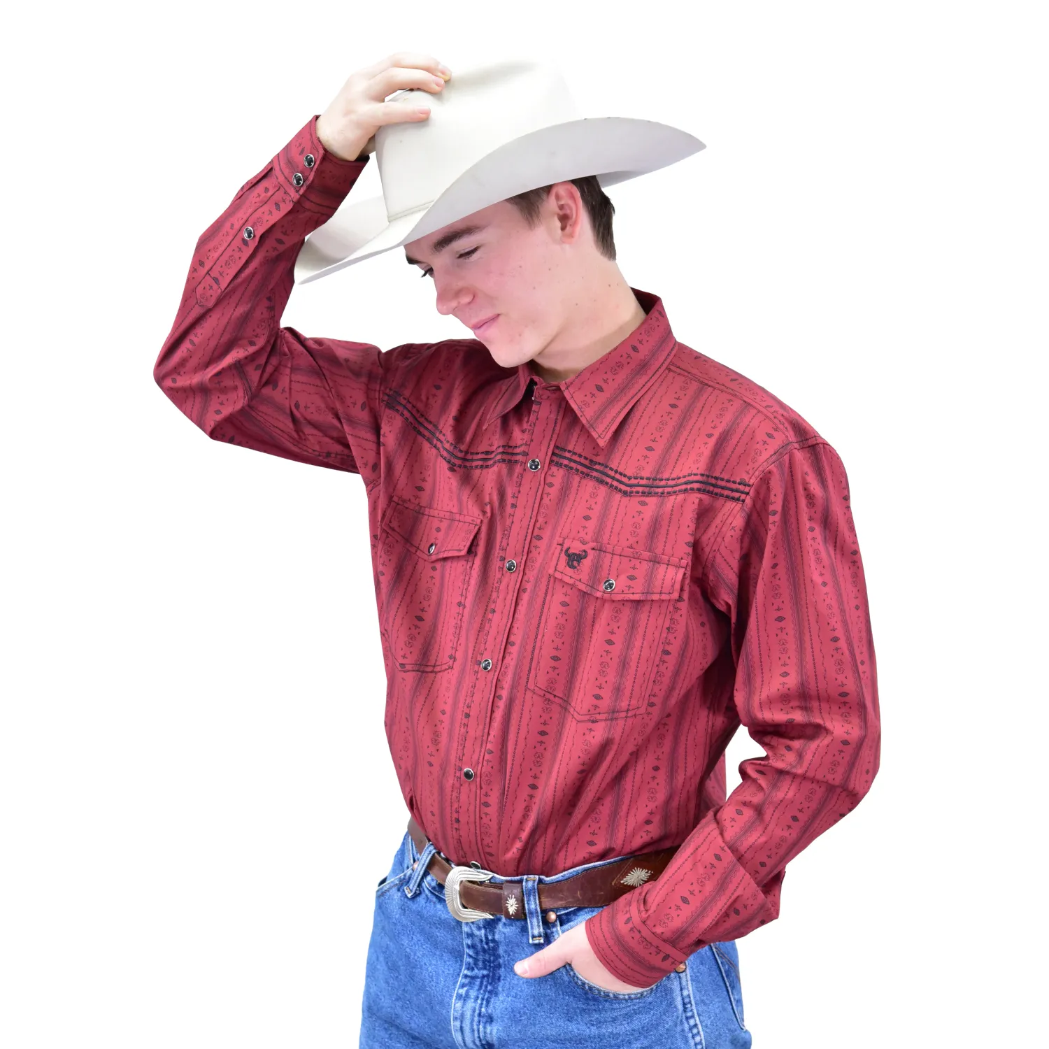 125651-010-M MEN'S COWBOY HARDWARE LONG-SLEEVE STRIPED AZTEC WESTERN SHIRT