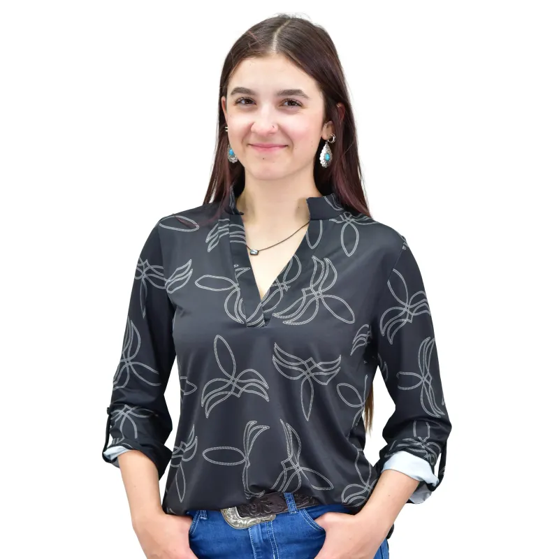 255477-010-W WOMEN'S COWGIRL HARDWARE BLACK 3/4 SLEEVE HI-LO BOOT STITCH PRINT TOP