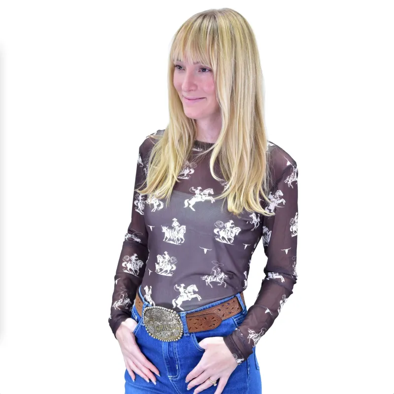215548-043-W WOMEN'S COWGIRL HARDWARE CHARCOAL DESERT BRONC MESH LONG-SLEEVE TOP