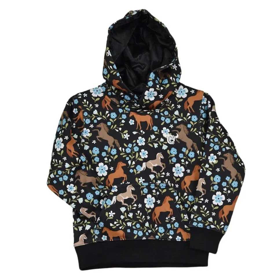 471423-010-K GIRL'S COWGIRL HARDWARE BLACK HORSE FLOWERS FLEECE HOODY