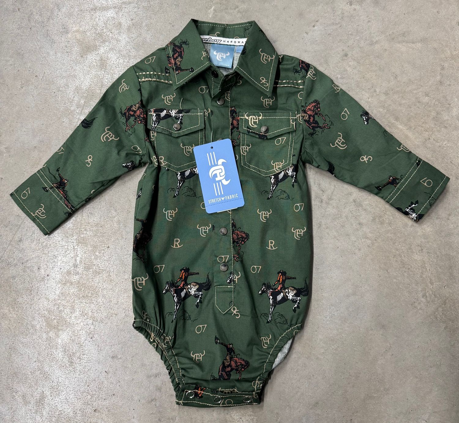 725668R-300-I INFANT BOY'S COWBOY HARDWARE OLIVE GREEN VINTAGE BRONC LONG-SLEEVE WESTERN ROMPER
