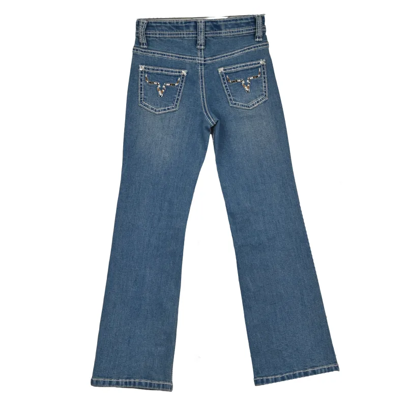 402284-450-JK GIRL'S COWGIRL HARDWARE MEDIUM WASH AZTEC SKULL BOOT CUT JEAN