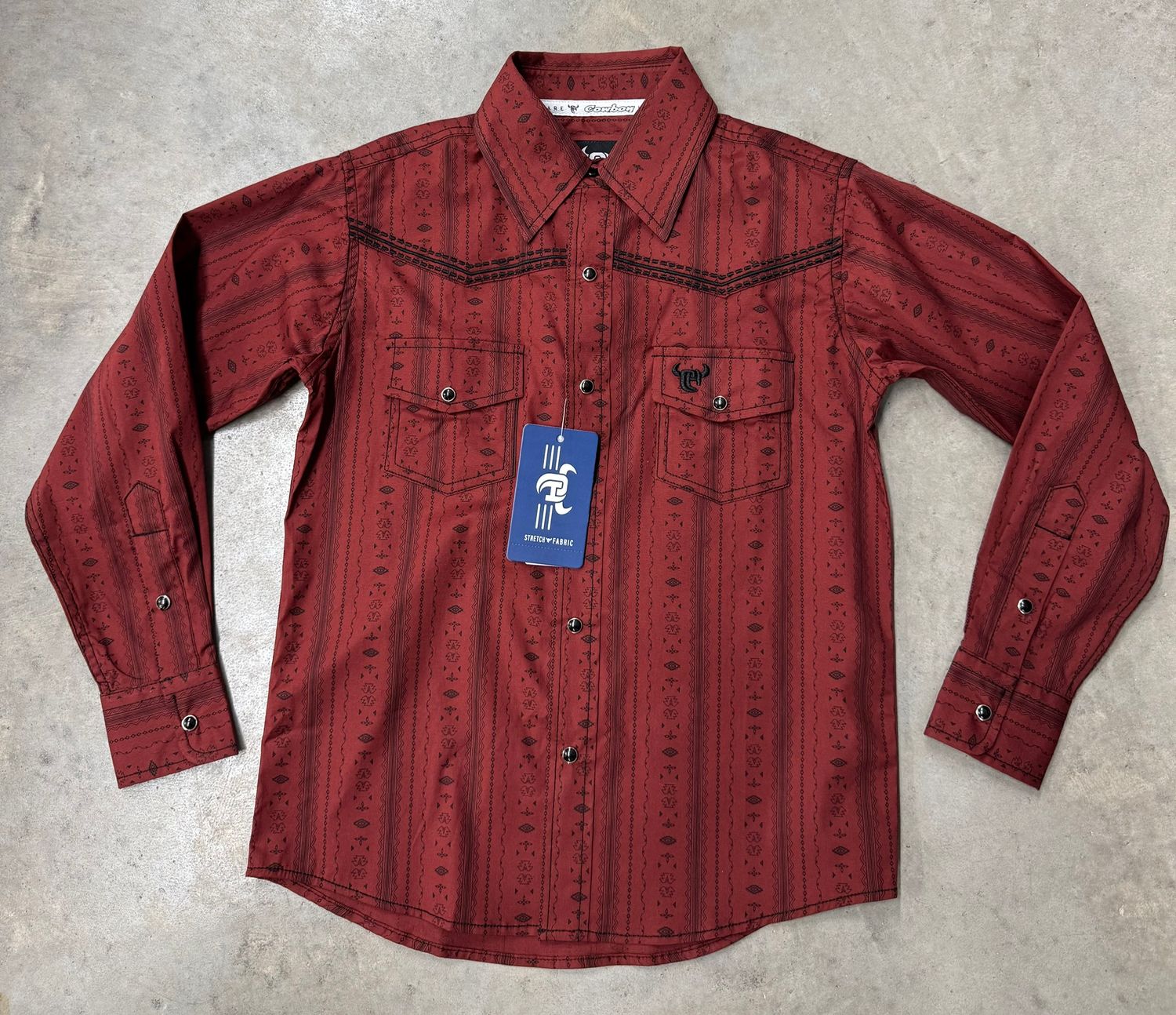 325651-201-K BOY'S COWBOY HARDWARE CHILI RED LONG-SLEEVE STRIPED AZTEC WESTERN SHIRT