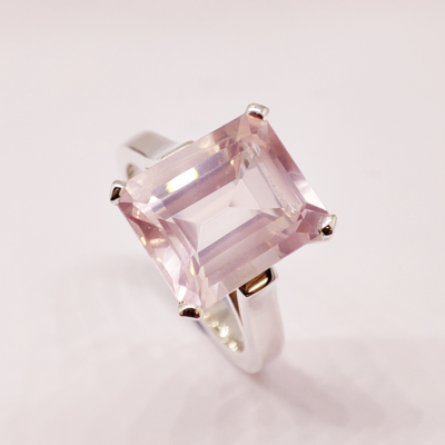 Rose Quartz Emerald Cut Silver Cocktail Ring 
