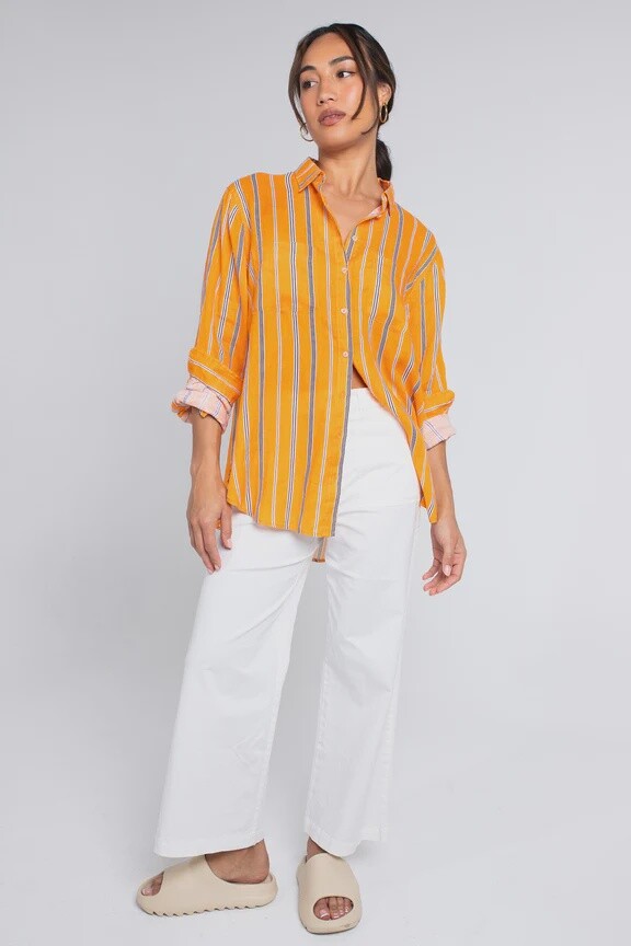 THE BOYFRIEND LINEN SHIRT - ORANGE BLACK STRIPE - HUT