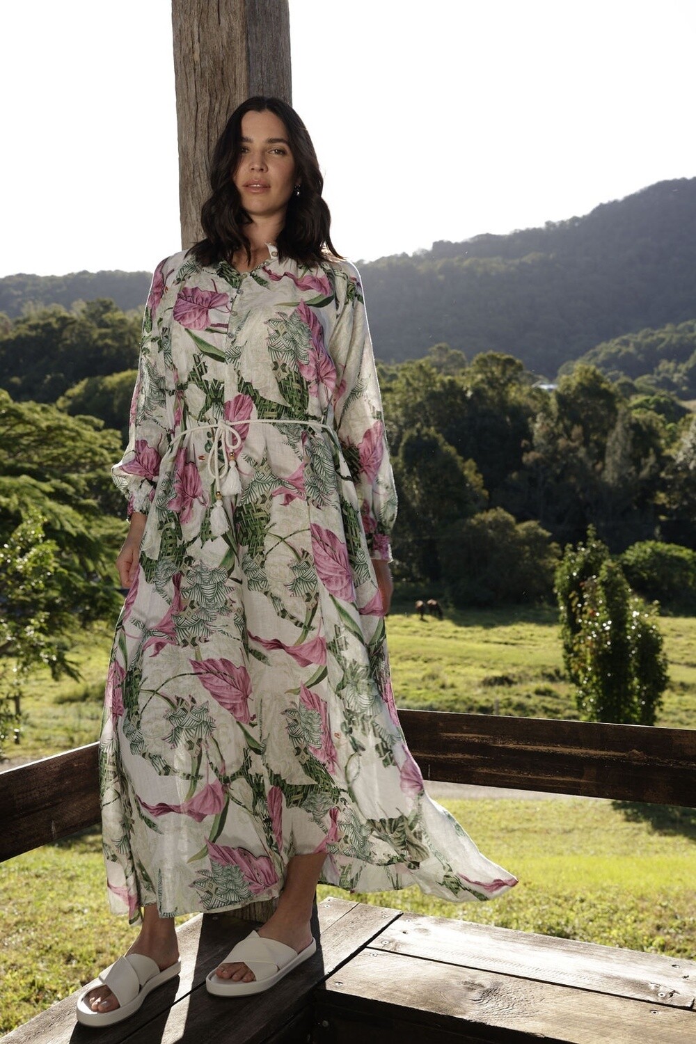 ROPE TIE 100% LINEN DRESS - PINK PALM PRINT - CLOTH PAPER SCISSORS