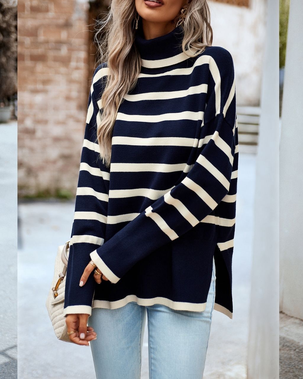 TURTLENECK SPLIT HEM JUMPER - NAVY