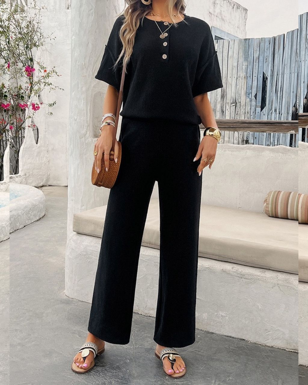 BUTTON FRONT KNIT SET - BLACK