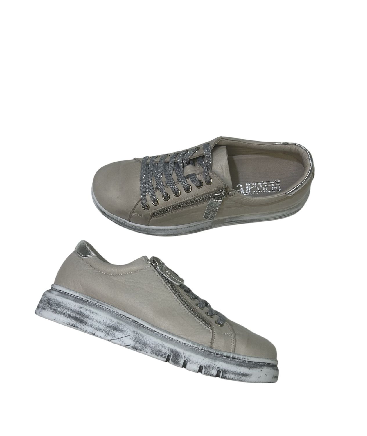 TATTER LEATHER SNEAKER - TAUPE &amp; SILV, Size: 37
