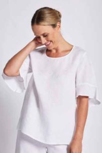 FLUTTER SLEEVE TOP - 100% LINEN - WHITE